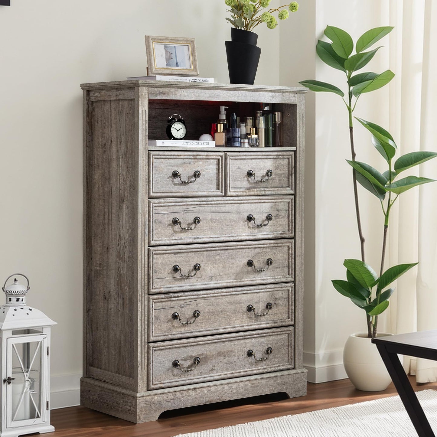 Homkdom Dresser for Bedroom with Charging Station & LED Light,Tall Dresser & Chests of Drawers with 6 Drawers,Vintage Gray
