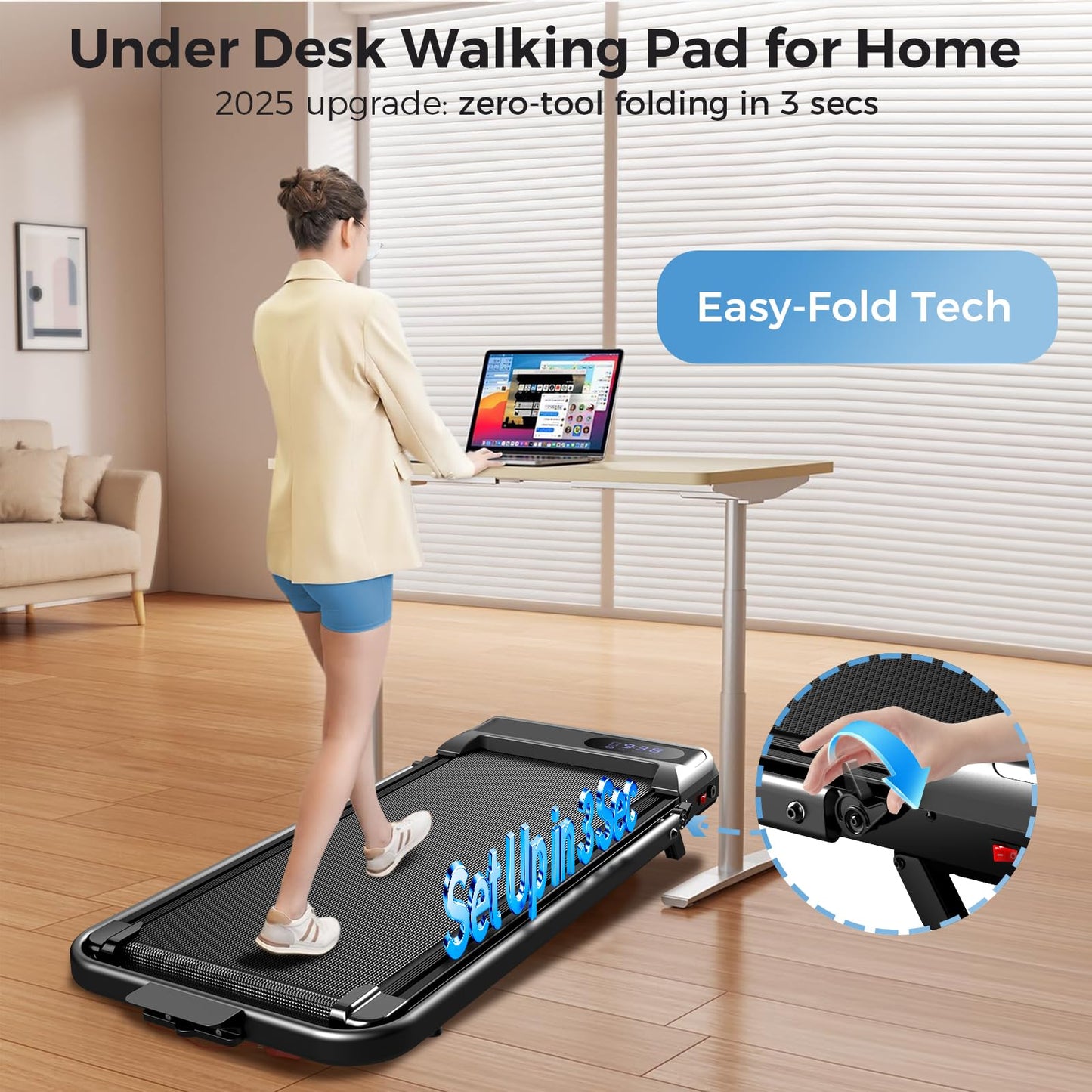 Walking Pad with Incline, 2.5HP Walking Pad Treadmill, 3 in 1 Portable Under Desk Treadmills for Home Small Space, Foldable Folding Home Treadmill with Remote Control, 350LBS Capacity