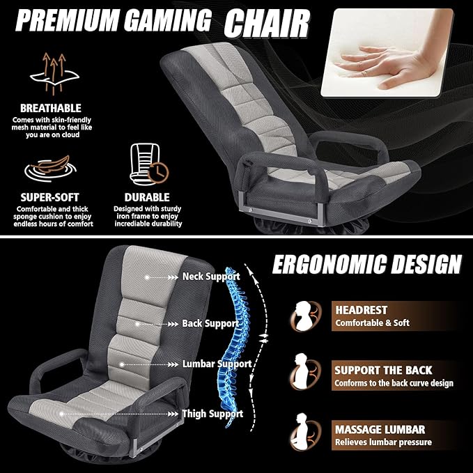 ACIPENSER Swivel Gaming Chair Multipurpose 2PACK Floor Gaming Chair for Playing Video Games, TV, Reading w/Armrest Lumbar Support & 6 Adjustable Postion Backrest for Adults & Kids,Grey