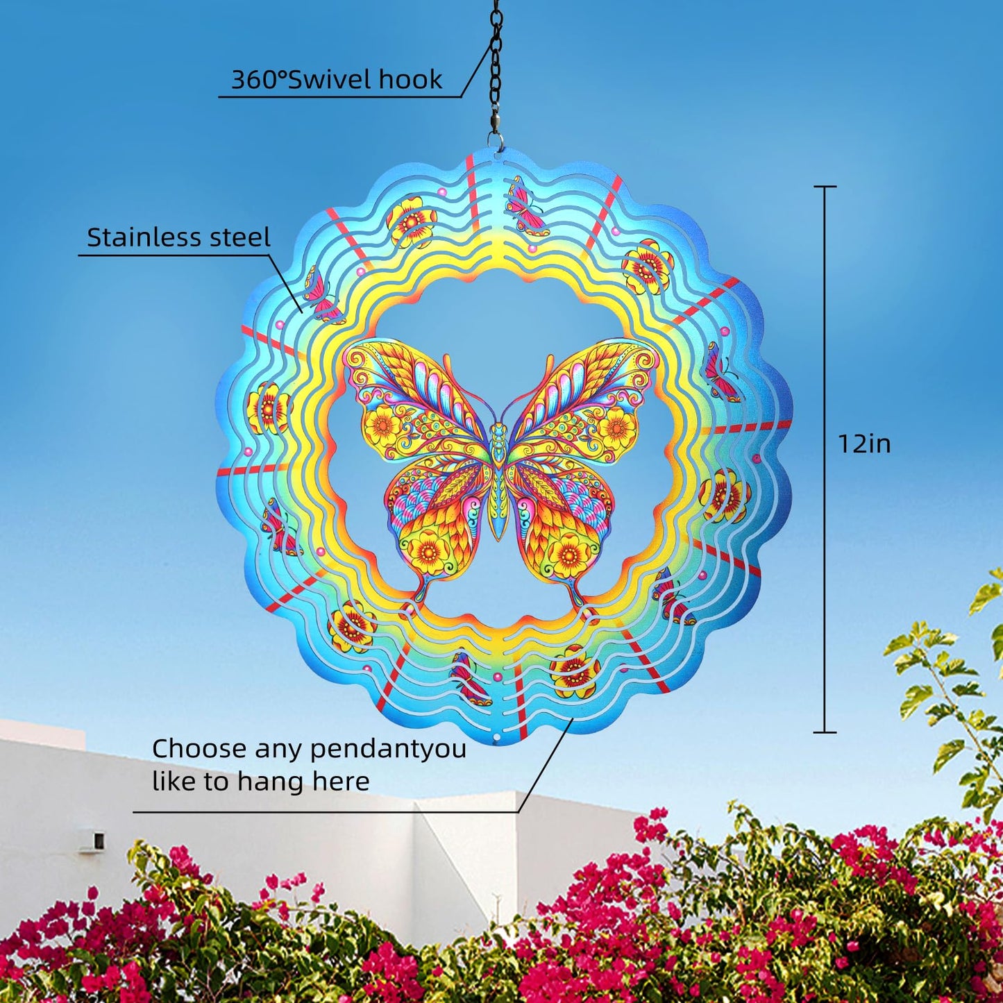 Butterfly Wind Spinners 12 Inch 3D Stainless Steel Hanging Kinetic Wind Sculpture Worth Gifts for Women Metal Windmill Decoration for Garden,Patio,Lawn,Yard