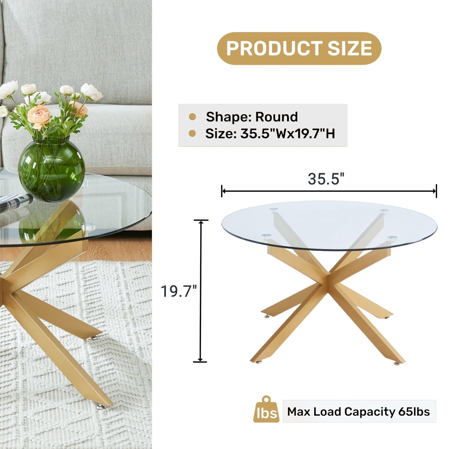 Gold & Round Glass Coffee Tables for Living Room, Home Office, Modern & Simple Center Table with Clear Tempered Glass Top, 35.5" Wx19.7 H