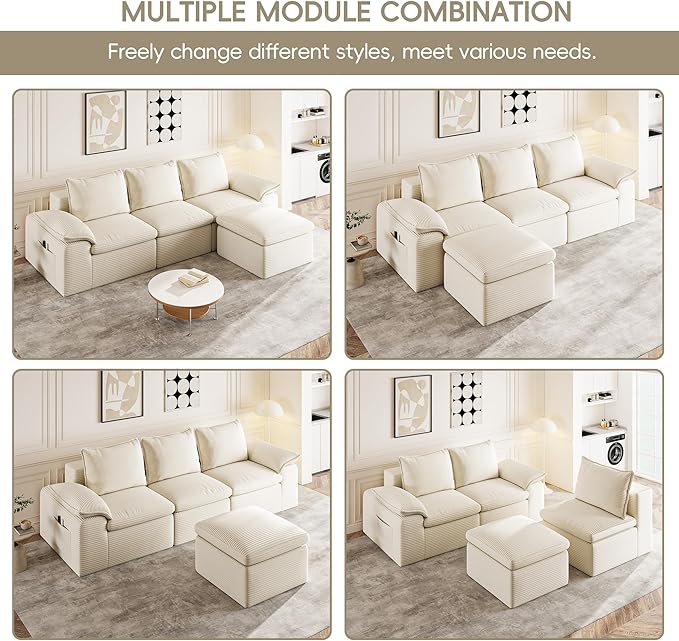 Buytime 104" Comfy Cloud Couch, Convertible Boneless Couches for Living Room, L Shaped Modular Sectional Sofa with Deep Seat, Double-Layer Cloud Cushion and Headrest, Cream Beige