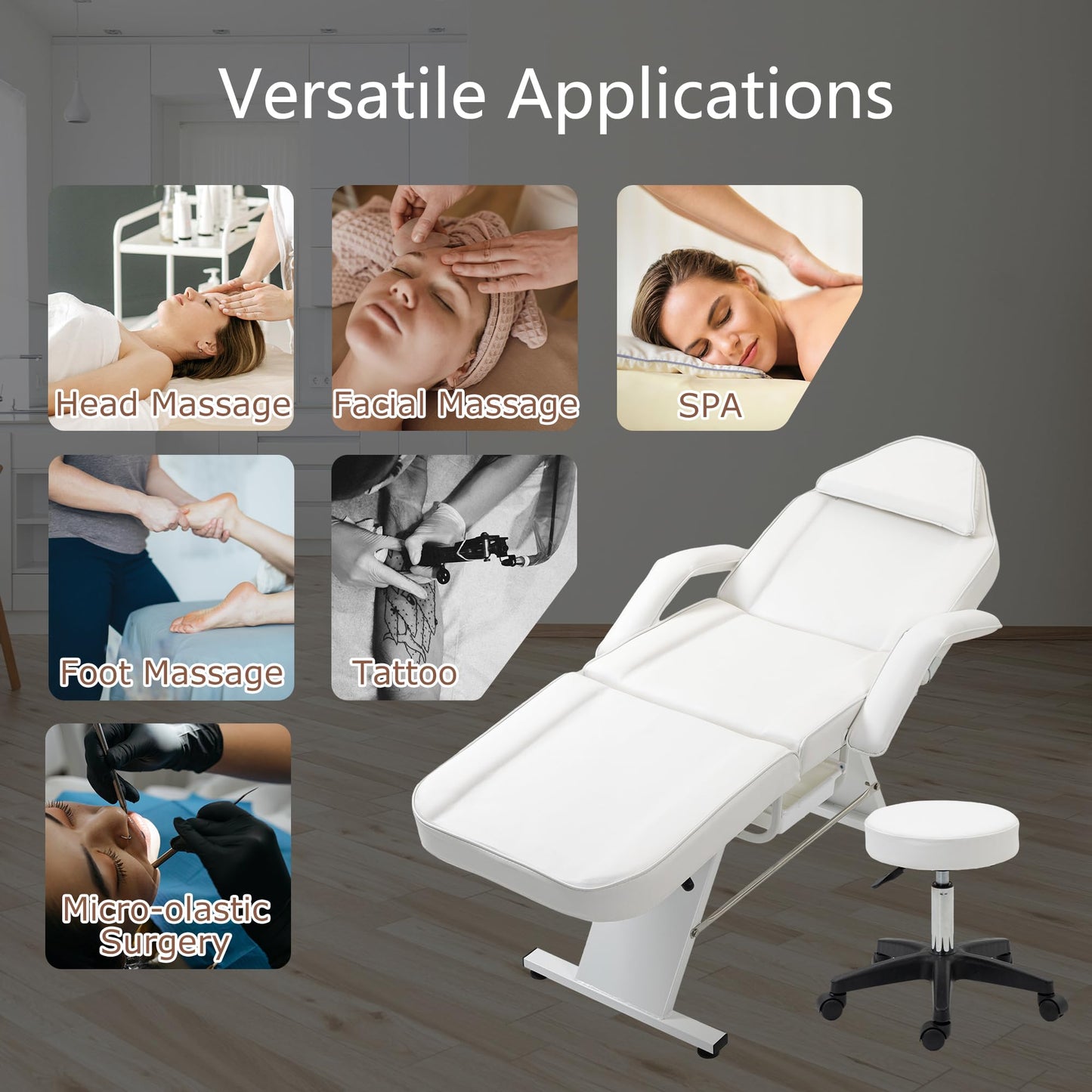 HeureuxBoBo Multi-Purpose 72 in 3-Section Massage Salon Tattoo Chair with Hydraulic Stool, Adjustable Facial Spa Bed, Beauty & Tattoo Equipment
