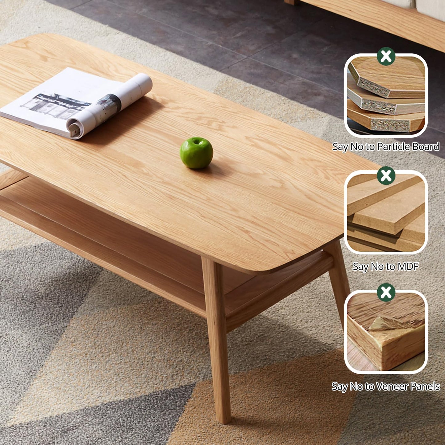 Bamskov Wood Coffee Table - 100% Solid Oak Wood - Double Storage Coffee Table, Eco-Friendly Finish Center Table - Easy Assembly (Natural, 31.49" D x 19.68" W x 17.32" H)