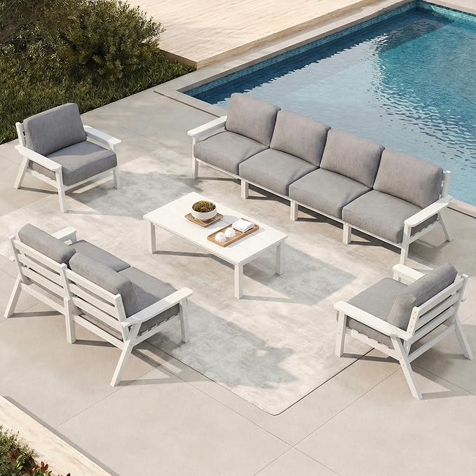 Patio Kingdom Patio Furniture Set 8 Seats, HDPE Outdoor Sectional with Gray Washable Thick Cushions, Coffee Table, Patio Conversation Sets for Lawn, Garden, Porch, Balcony, Deck (White Frame)
