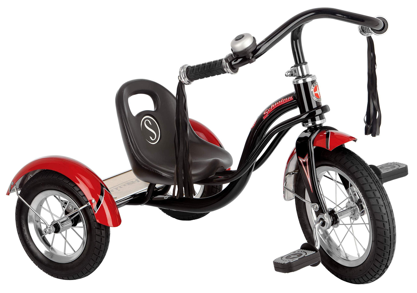 Schwinn Roadster Bike for Toddler, Kids Classic Tricycle, Low Positioned Steel Trike Frame with Bell and Handlebar Tassels, Rear Deck Made of Genuine Wood, for Boys and Girls Ages 2-4 Year Old, Black