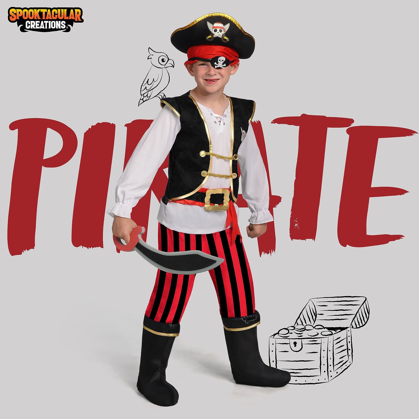 Spooktacular Creations Pirate Costume for Kids, Boys Classic Red Pirate Outfit Deluxe Set with Toy Accessories for Toddler Halloween Pretend Roleplay Themed Party (3T, 3-4 yrs)