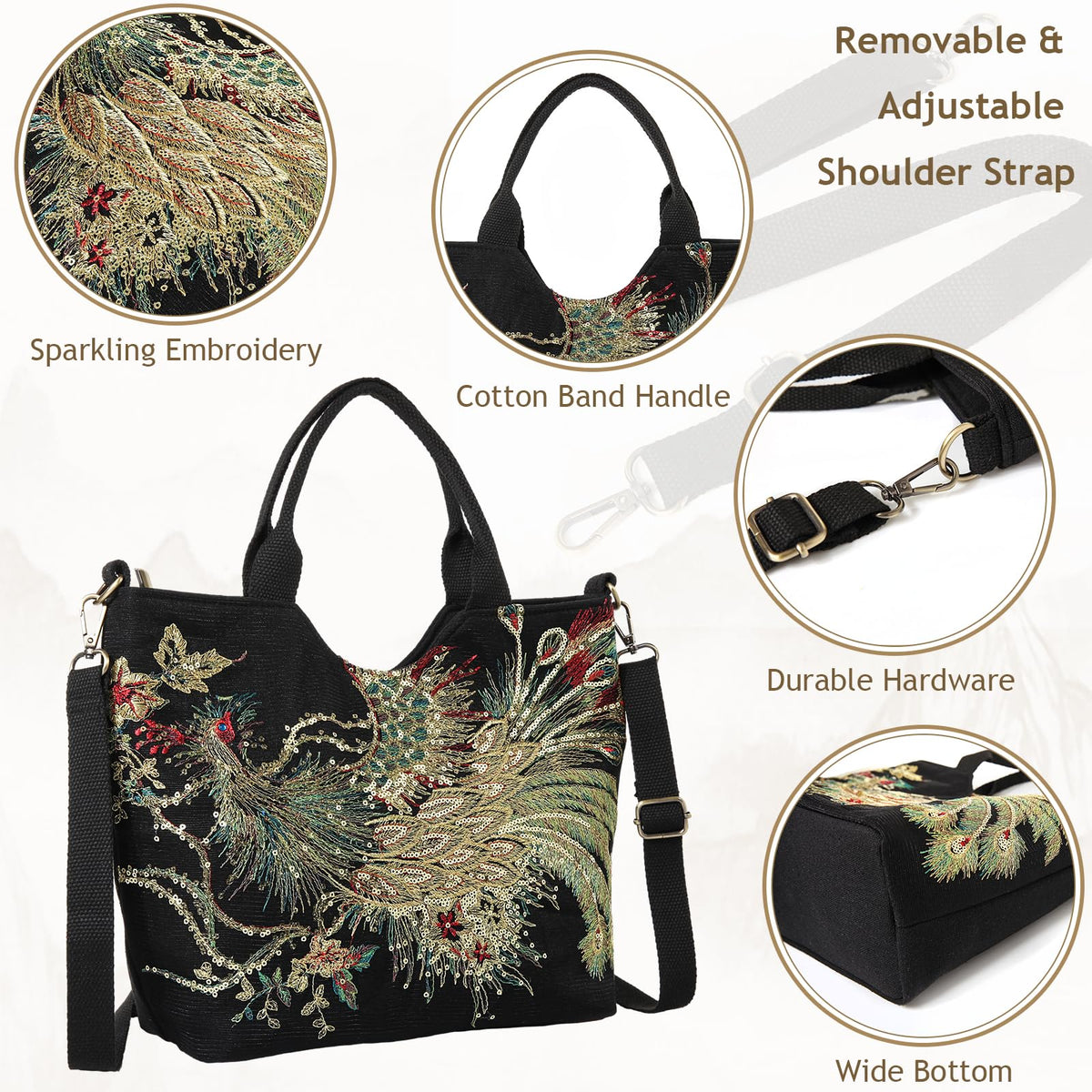 Jursccu Small Tote Handbag Sequins Embroidery Crossbody Bags for Women Casual Shoulder Bags (Black)