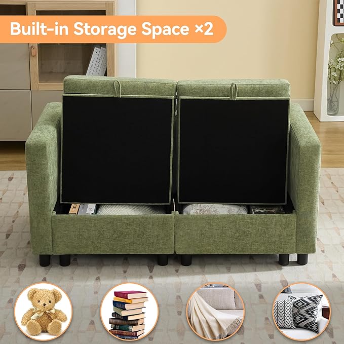 WUTUTUEE 58”Modular Sectional Loveseat Sofa, Modern Love Seat 2 Seater Sofa Couch with Storage, Chenille Modular Sectional Couch for Living Room, Bedroom, Office, Small Apartment, Green