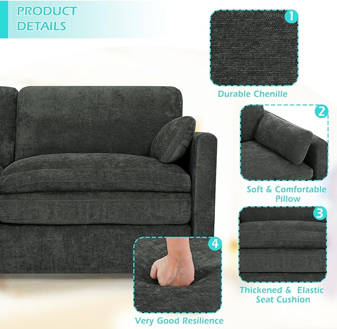 ACMEASE 3 Pieces Chenille Sofa Set w/Arm Pillows, Upholstered Loveseat & 2 Pieces 3 Seater Sofa w/Comfortable Back Cushions, Modern 2-Seat & 3-Seat w/High-Density Foam for Living Room, Grey