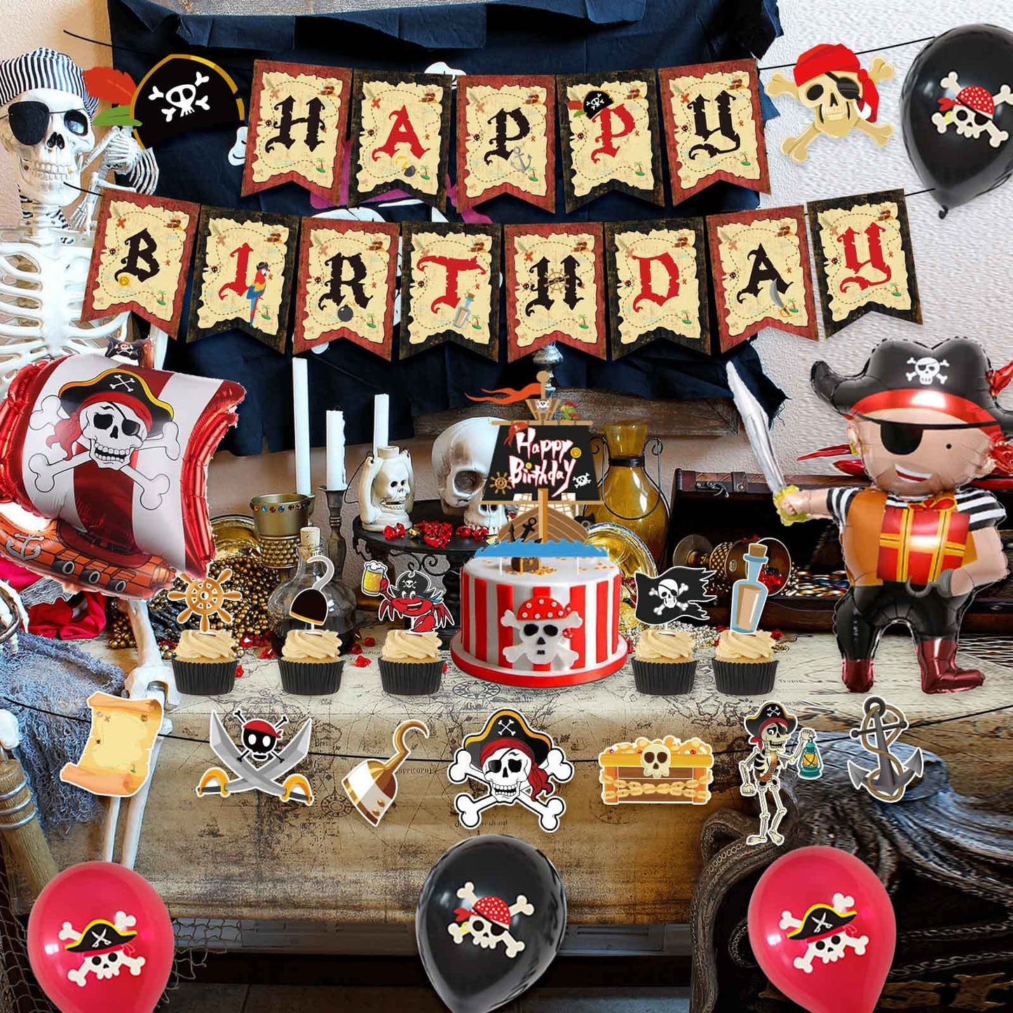 Chilfamy Pirate Party Decorations, Pirate Theme Party Supplies with Happy Birthday Banner, Pirate Garland Signs, Cake Toppers, Pirate Captain Ship Balloons Set for Adults Kids Pirate Party Favors