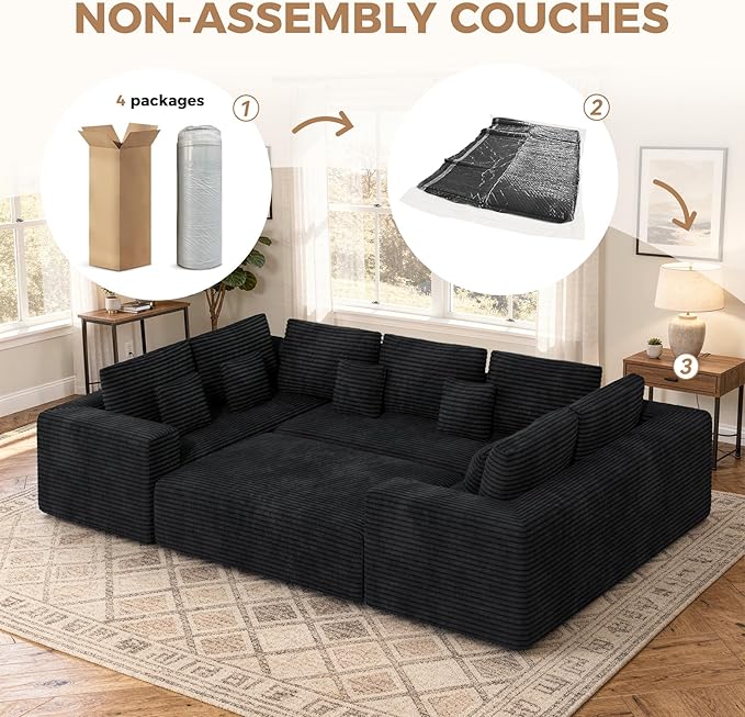 136'' Large Sectional Cloud Couches with Chaise, U Shaped Boneless Sofa Bed with Ottoman, No Assembly Required Deep Seat Modular Lounge for Living Room 4PCS Set, Bedroom(Black)