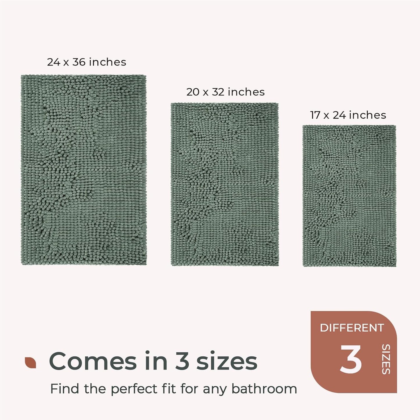 FRESHMINT Large Chenille Bathroom Rugs Mat 36"x24", Non-Slip Bath Mat for Bathroom Floor & Bathtub, Washable Shower Shag Bath Rugs, Soft Fluffy Thick Water Absorbent Microfiber Shower Mat, Sage Green