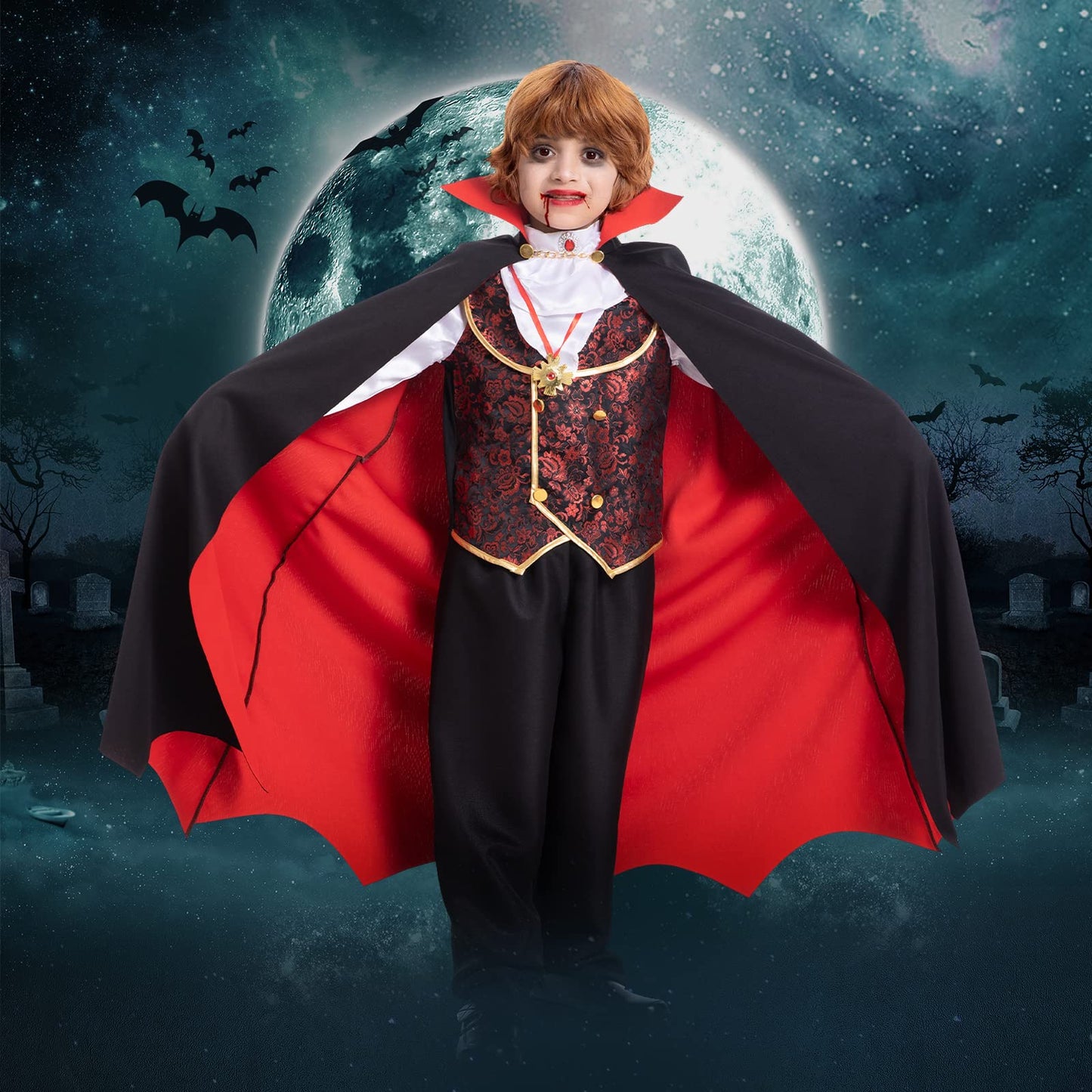 Vampire Costume for Boys Scary Halloween Party, Vampire Teeth Cosmetic Kit Included
