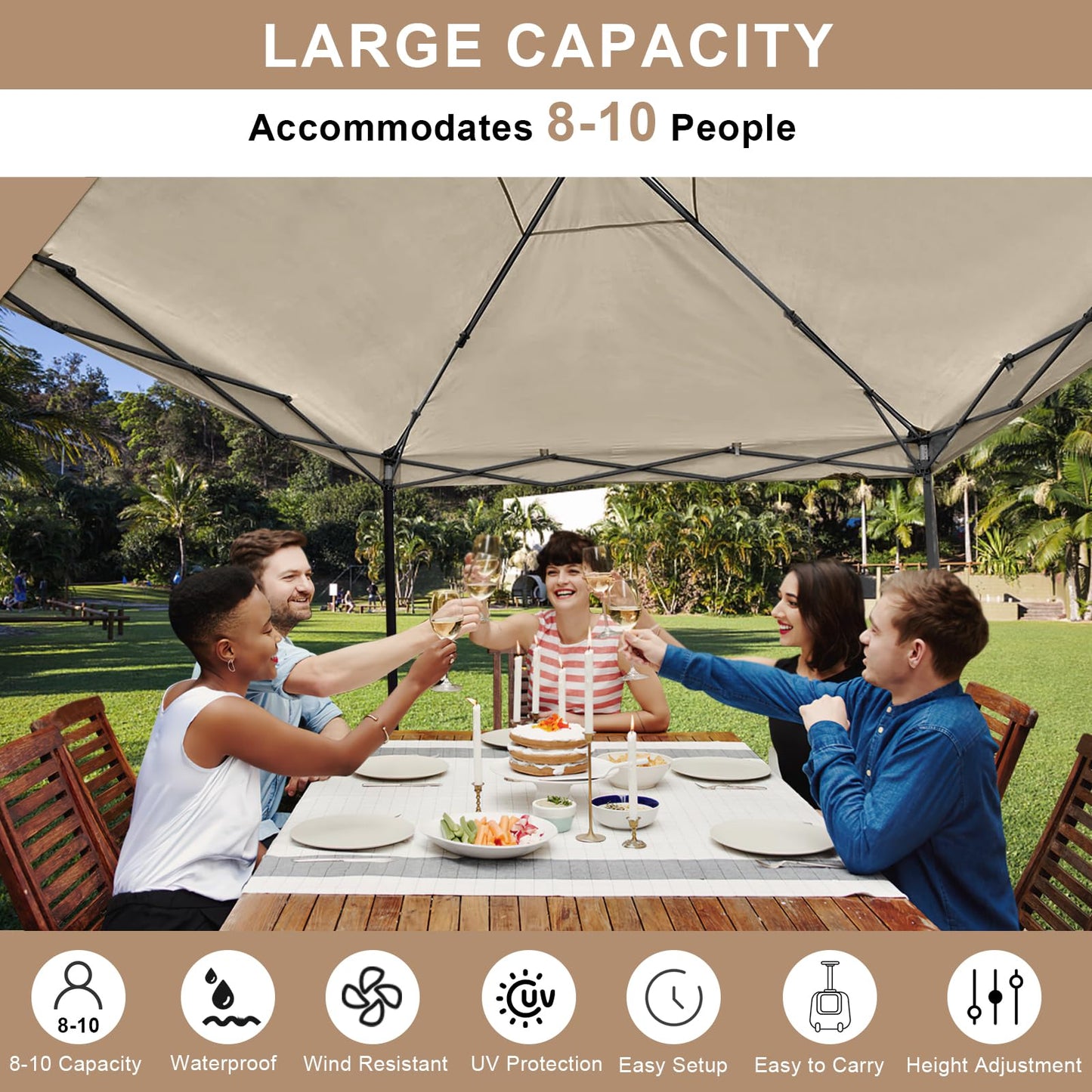 KAMPKEEPER 10x10 Pop Up Canopy Tent with Sidewall - Easy Setup Sun Shelter, Outdoor Shade with Vented Roof for Backyard | UV & Rain Portable Instant Camping Beach Canopy Tents (Khaki)