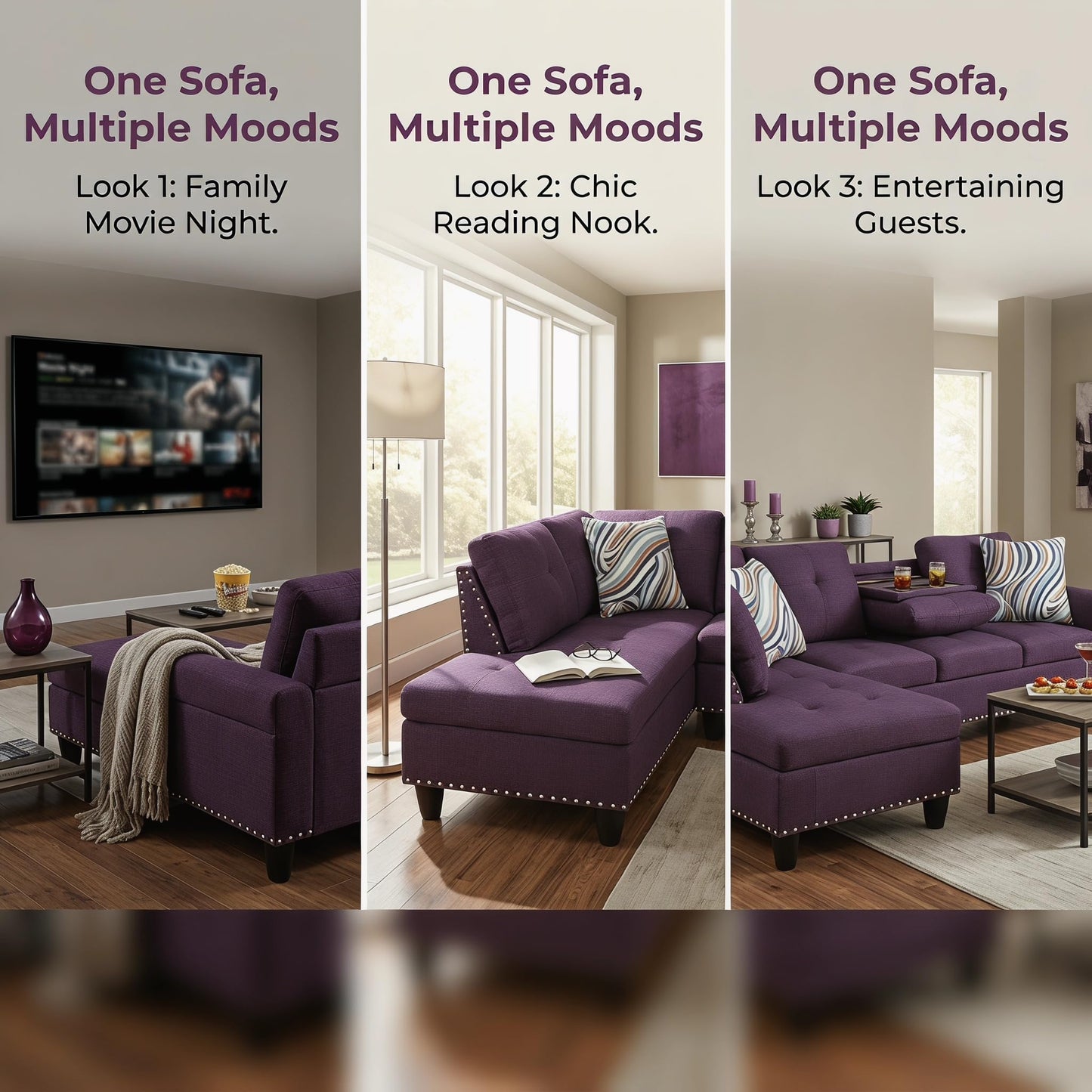Trygoal L-Shaped Sectional Sofa, Modern 4-Seat Couch with Built-in Cup Holders, Upholstered Fabric Sectional Couch with Right Facing Chaise for Living Room, Apartment, Office, Purple