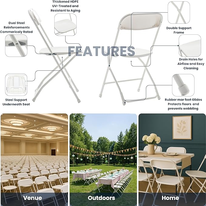 BTEXPERT White Plastic Folding Chair Steel Frame Commercial High Capacity Event Chair Lightweight Set for Office Wedding Party Picnic Kitchen Dining Church School