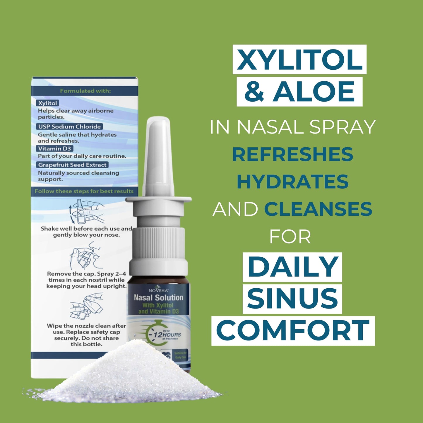 NOVEHA Xylitol Nasal Spray – Drug-Free Natural Moisturizer for Dry Nose, Sinus & Allergy Relief – Hydrating Saline Nasal Spray with Vitamin D3 & Grapefruit Seed Extract Gentle Daily Congestion Support