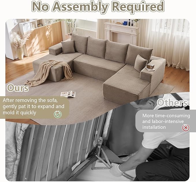 Sectional Cloud Couch for Living Room, Modular Floor Deep-Seat Sofa, Big Comfy Corduroy Couches Set with Fluffy Memory Foam, Stupendous U Shaped Sofas, No Assembly Required, Camel