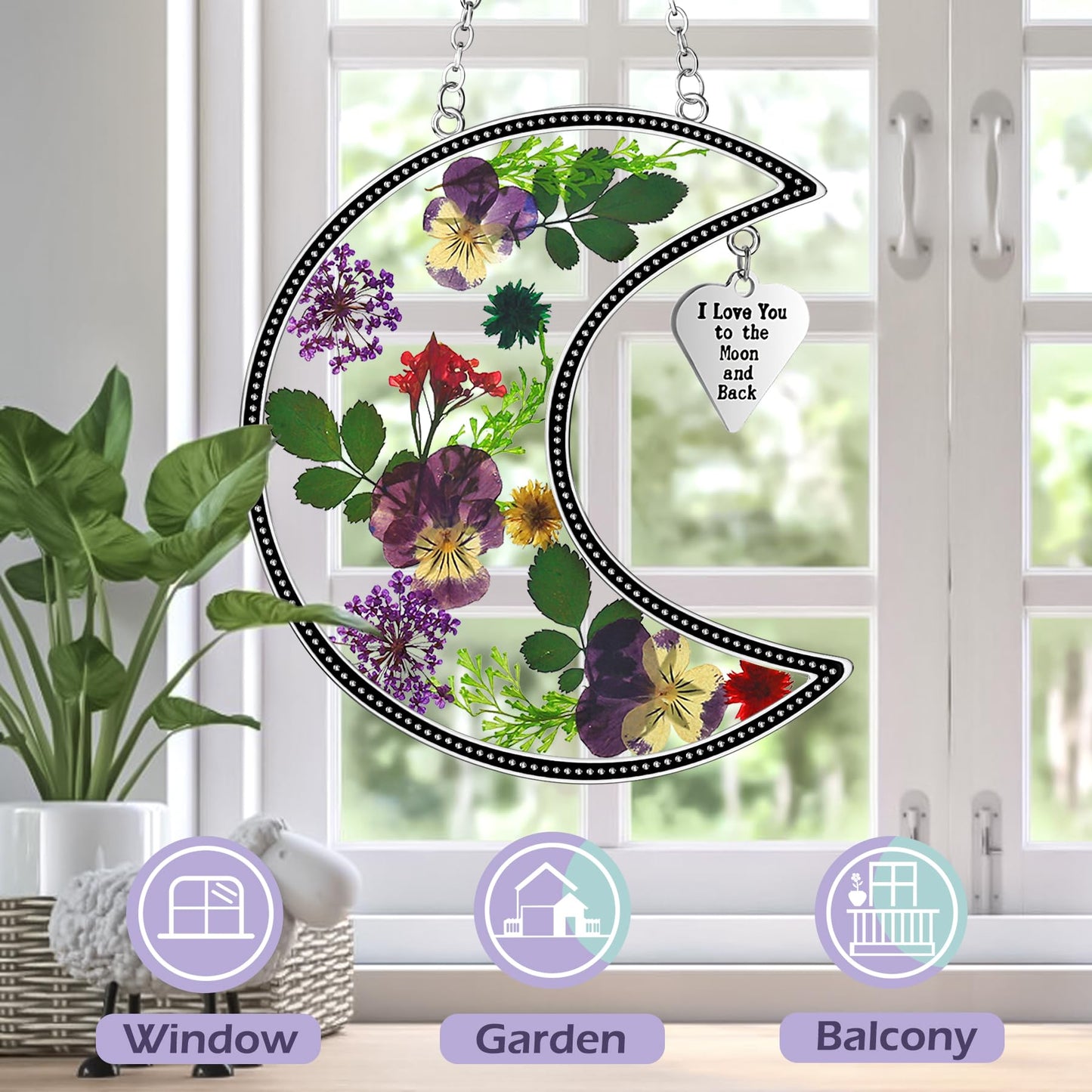 KY&BOSAM Moon Suncatcher I Love You to The Moon and Back Stained Glass for Window Hangings Wind Chime Decor with Pressed Real Flower and Metal Charm Birthday Gift for Women Mom Mother`s Day Christmas