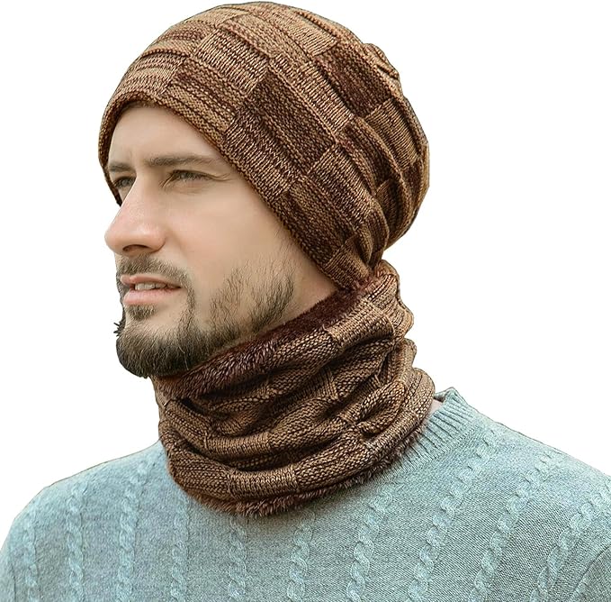 Mens Winter Beanie Hats Scarf Set Warm Knit Skull Cap Neck Warmer with Fleece Lined Winter Hat for Women