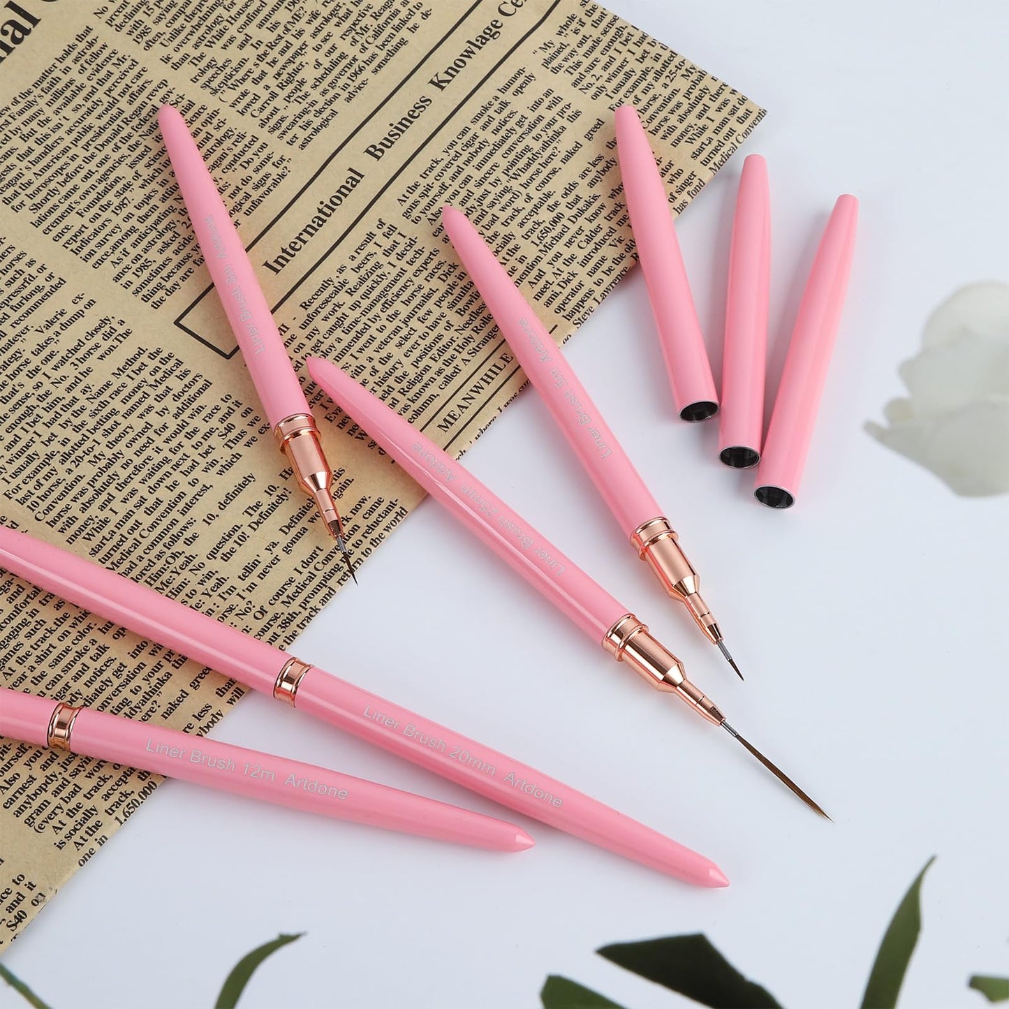 Artdone Metallic Nail Art Pens, Liner Brushes Set, 5PCS Pink Color Nail Tools For Long Lines, Thin Details, Fine Drawing, Liner Brush UV Gel Polish Painting Nail Design Sizes 5/8/12/20/25mm