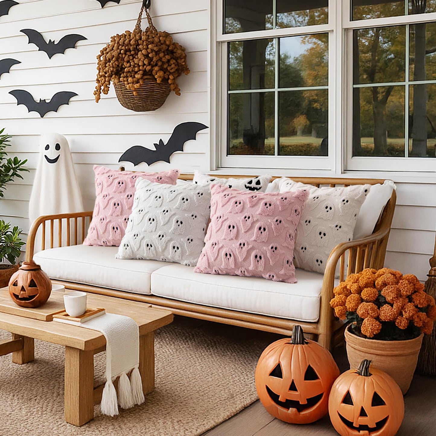 MIULEE Halloween Pillow Covers Cute Ghost Spooky Throw Pillows Set of 2 Soft Plush Faux Fur Decorative Cushion Covers for Couch Sofa Bed Porch Living Room Halloween Decor 18x18 inch White