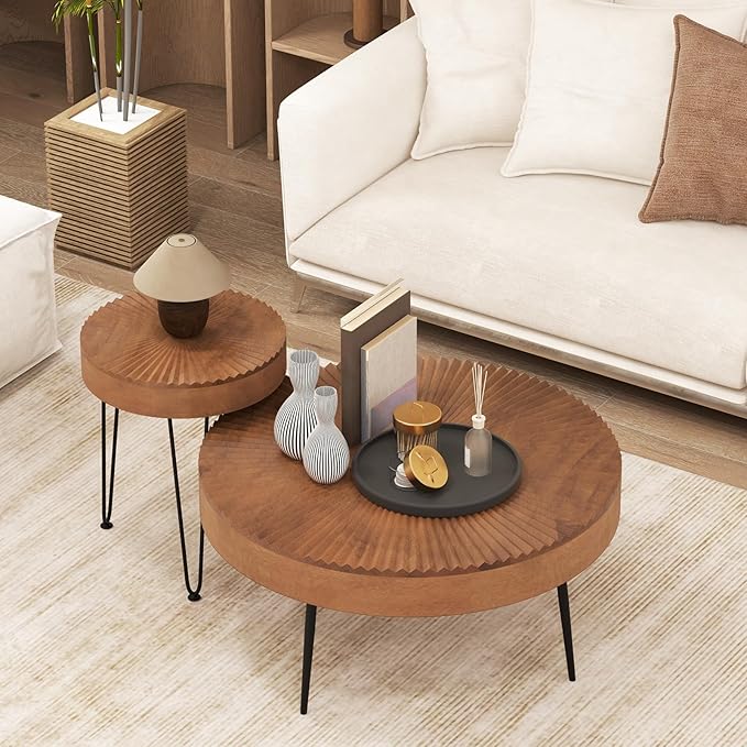 Giantex Boho Round Coffee Table Set of 2, Sofa Side Nesting Table with Solid Pine Wood Top, Metal Legs & Adjustable Foot Pads, 31.5" D Large Table Set for Living Room (Radial Pattern, Brown)