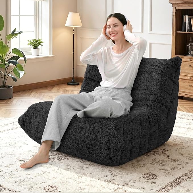 HABUTWAY Bean Bag Chairs Fireside Lazy Floor Sofa, Soft Teddy Fleece Bean Bag Sofa with High-Resilience Foam Filling，Beanbag for Living Room, Bedroom, Office (Black Teddy)