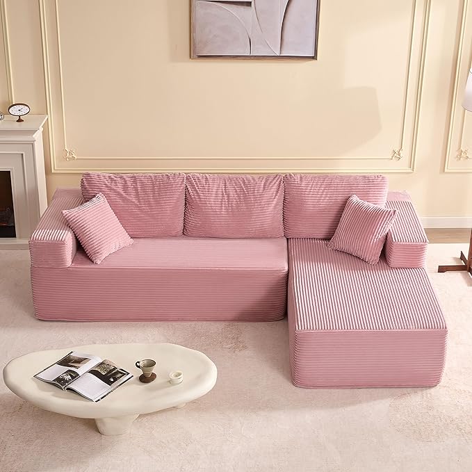 Afuson 107" Boneless Couch with Deep Seat, Modular Sectional Sofa, Cloud Sectional Couch for Living Room, No Assembly Required, Corduroy, L-Shape Right, Pink