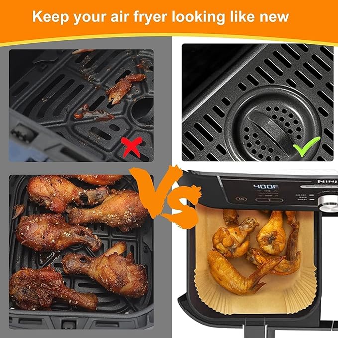 HONYAO Air Fryer Paper Liners for Dual Zone Airfryer, 200pcs 8.1x5.5 inch Rectangle Disposable Inserts for Ninja Foodi DZ201 DZ401 DZ550 other 8-10 qt 2-Basket Air Fryers, Food Grade BPA Free