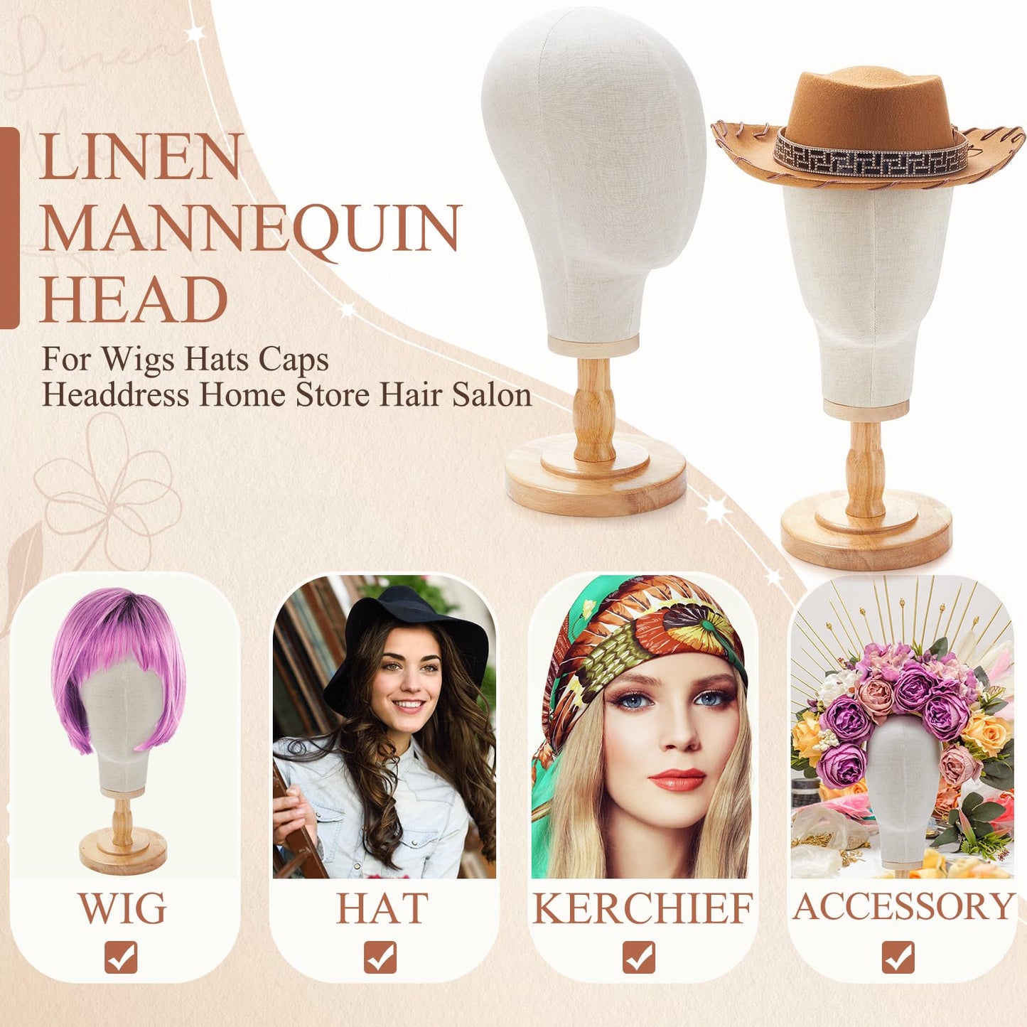 RattanView 2 Pcs Wig Stand with Head 23 Inch Linen Mannequin Head with Wooden Stand Canvas Mannequin for Hats Wigs Caps Headdres