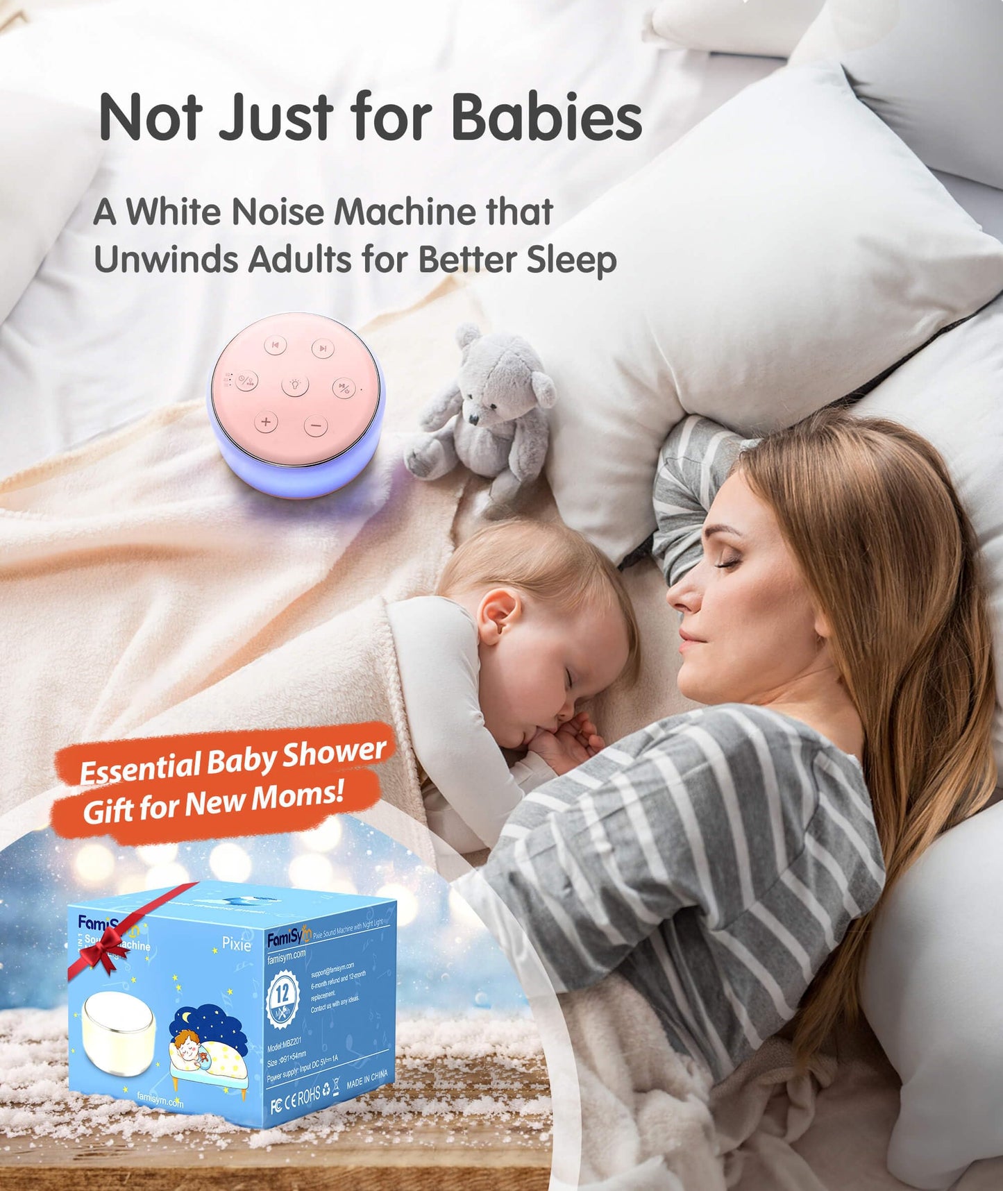 FamiSym Portable Sound Machine for Babies Kids Sleeping – Rechargeable, 7 Colors Night Light, 34 Soothing Sounds, Baby Sleep Soother, Lullaby White Noise Machine, Shush, Baby Shower, Registry Gift