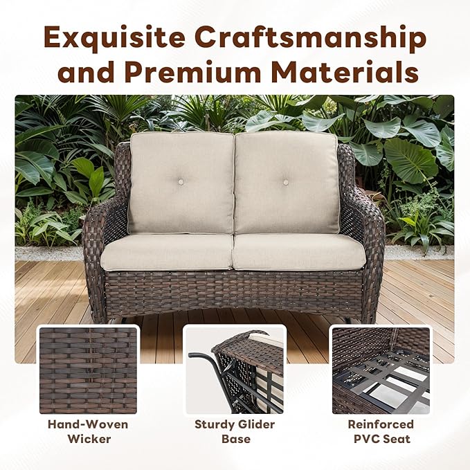 Belord 5 Piece Outdoor Patio Furniture Set - Outdoor Conversation Couch and Loveseat Glider Chair Furniture Set with Rattan Coffee Table for Deck Balcony Poolside Brown Wicker/Beige Cushions