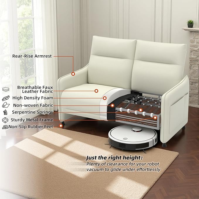 Tbillionnext 3-Piece Living Room Sofa Set, Faux Leather Loveseat & Accent Chairs Set of 2 with Hidden Foldable Tray & Side Pocket, Rear Contour Arm Design, Upholstered Sofa Set for Office, Beige