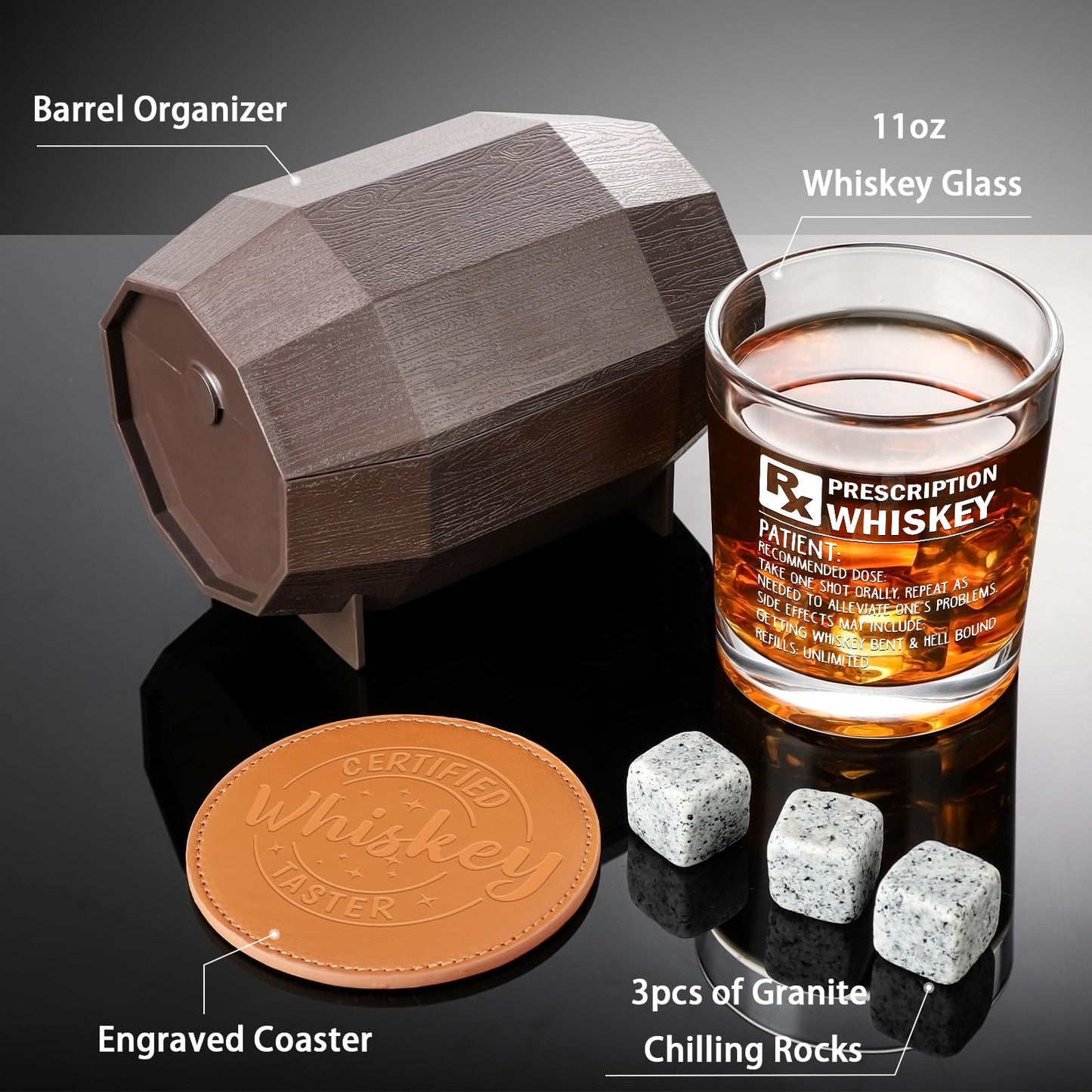 WelDesine Prescription Whiskey Glass, Funny Rocks Glass & Bourbon Barrel Set for Brother Boyfriend Father Husband Coworker on Christmas & Birthday, White Elephant Cool Gag Gifts for Men