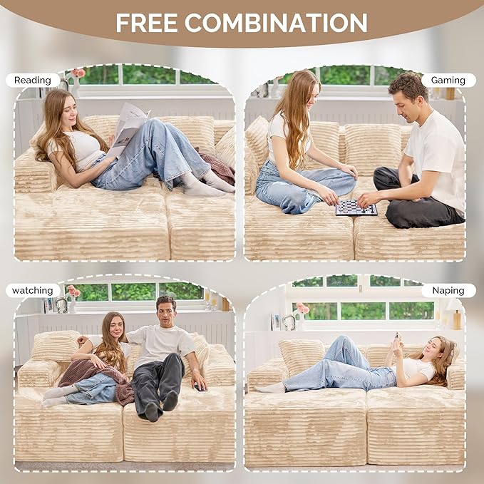 131'' U Shaped Sectional Couches with Chaise Lounge, No Assembly Required Deep Seat Modular Cloud Sofa for Living Room 1PCS, Bedroom(Khaki)