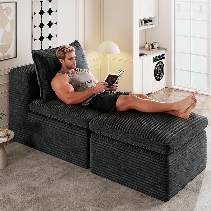 Buytime 65.6" Chaise Lounge Chair Indoor, Boneless Upholstered Sofa Bed, Corduroy Comfy Sleeper Chair for Living Room and Bedroom, Pebble Grey