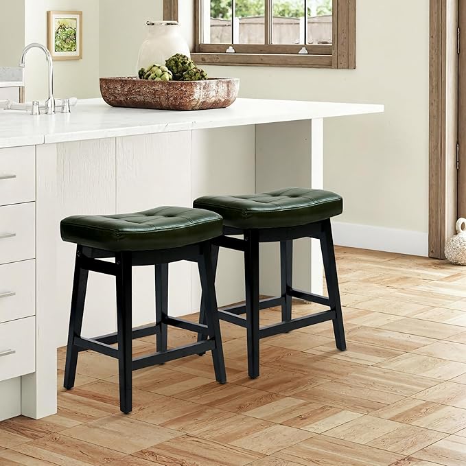 RNKSFX Counter Height Bar Stools Set of 3 for Kitchen Counter Farmhouse Modern Barstools with Faux Leather Upholstered Backless Seat and Solid Wood Legs 24 inch Bar Chairs, Green + Black