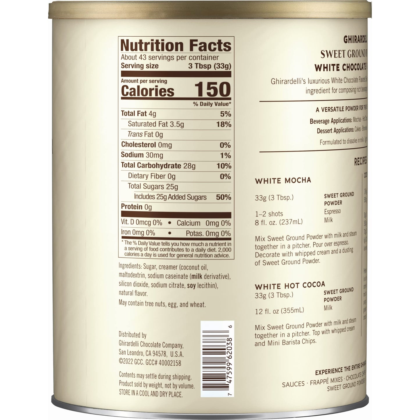Ghirardelli Chocolate Company Sweet Ground White Chocolate Gourmet Flavored Powder 3.12 lb with Ghirardelli Stamped Barista Spoon