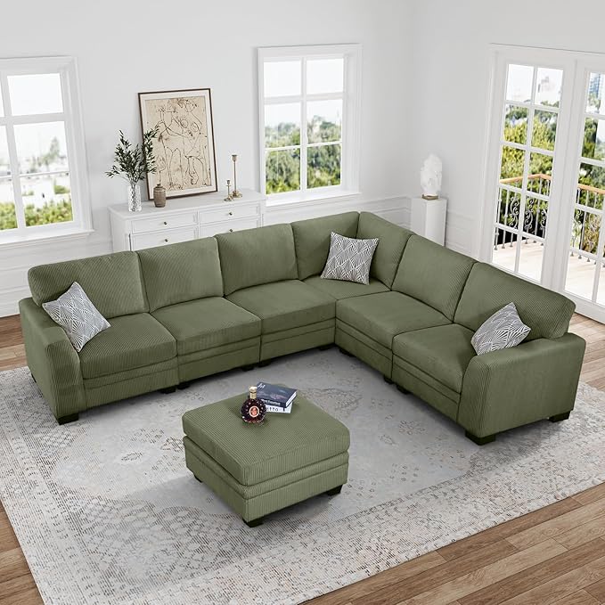 Legend Vansen Oversized Modular Sectional Sofa,7 Seat U Shaped Couch with Ottoman,Corduroy Sofa with Deep Seat,Convertible Large Sectional Couches for Living Room (Olive, L-7)