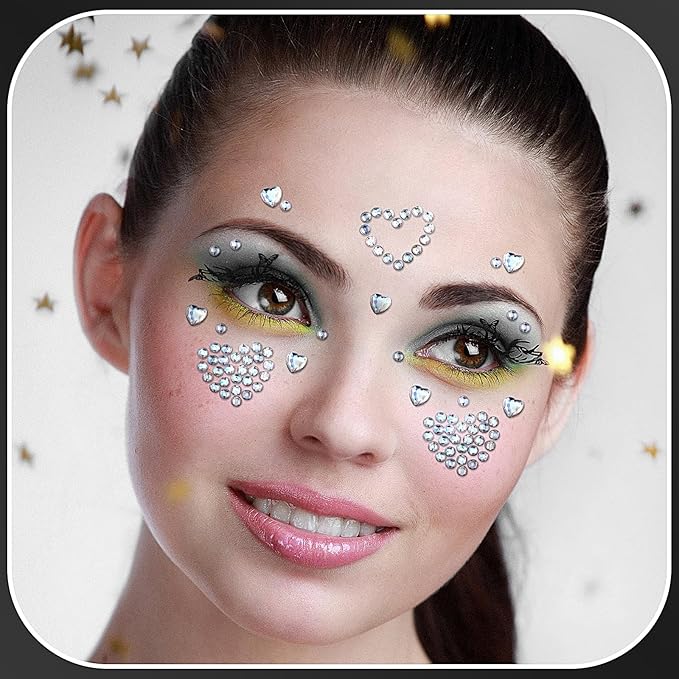 3 Sheets Self Adhesive Face Gems Stickers, Heart Gems Rhinestones Stickers, Bling Jewels for Makeup, Crafts, Home Decor Scrapbooking Embellishments(Laser Rhinestones)