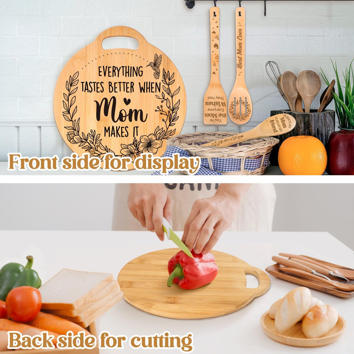 Birthday Gifts for Mom - Cute Engraved Bamboo Cutting Board Set, Perfect Mom Birthday Gifts from Daughter/Son, Mothers Day Christmas Birthday Gifts for Mom Mother, Home and Kitchen Decor