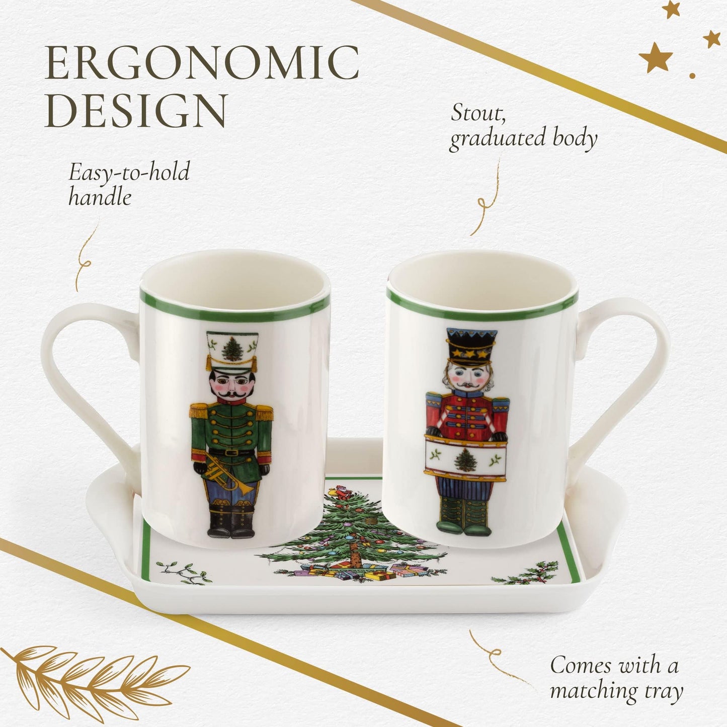 Spode Christmas Tree Nutcracker 10oz Mug & 8" Tray Set (3-Piece Set) - Festive Porcelain Mugs with Melamine Tray, Dishwasher & Microwave Safe - Holiday Gatherings & Entertaining