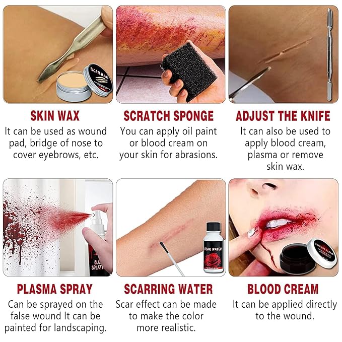 All in One Halloween Makeup Kit, Fake Scar Wax SFX Makeup Kit, Fake Blood Spray, Ideal for Zombie makeup, Vampire Blood, SFX makeUp, Cosplay Party, Stage, Washable Realistic Effect