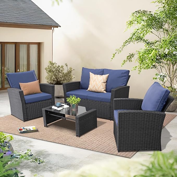 FHFO 4 Piece Outdoor Patio Furniture Set,Wicker Conversation Sets Outdoor Sectional Patio Sofa Couch with Cushions & Coffee Table for Outside, Garden, Balcony, Porch,Black/Blue
