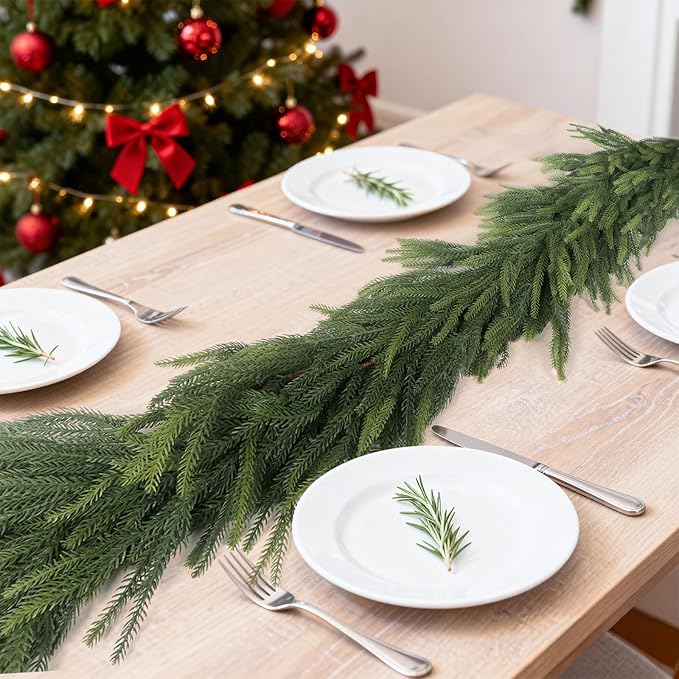 Artificial Norfolk Pine Garlands, 2 Pcs 6 Ft Real Touch Realistic Christmas Garlands, Winter Green Greenery Garlands for Mantle, Table, Wall, Outdoor, Indoor Christmas Decorations (6 FT, 2)