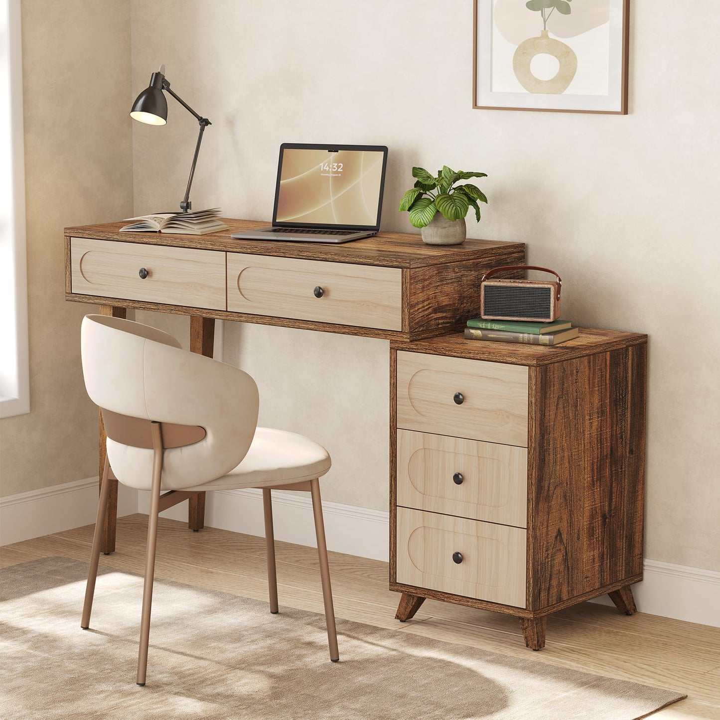 LITTLE TREE 39-Inch Writing Desk with 5 Drawers & Retractable Cabinet, Small Expantable Computer Desk, Vanity Table with Storage, Interchangeable Left and Right, for Small Spaces, Brown