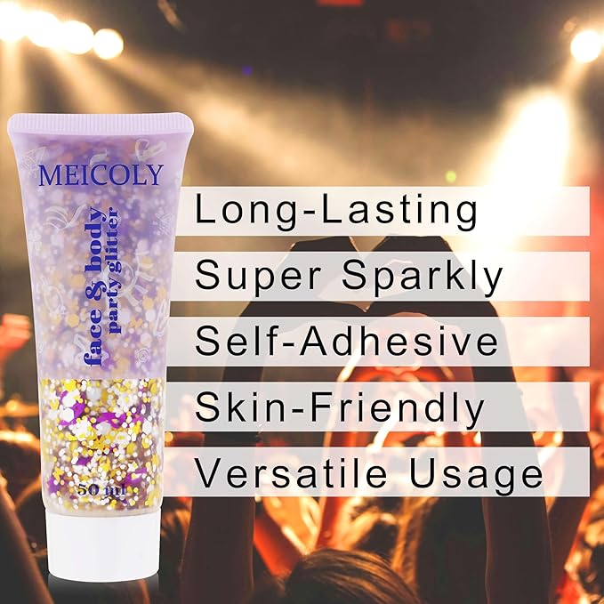 MEICOLY Face Glitter Makeup for Music Festival,Country Concert Outfits for Women,Gold Silver Purple Body Glitter,Halloween Party Accessories Glitter Face Paint,50ml