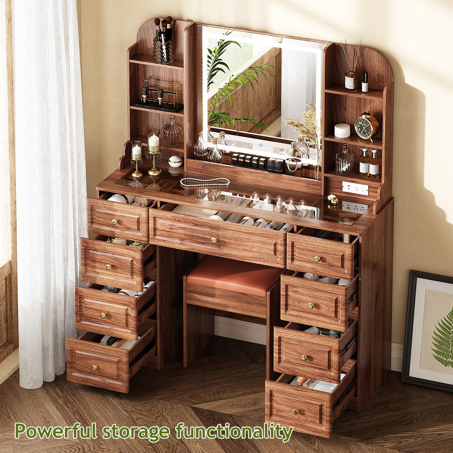 Arulvmrn 43" Makeup Vanity Desk with Mirror and Lights, & Power Outl, Glass Top Big Vanity Table with 9 Drawers& 8 Storage Shelves, Dressing Table Set with Chair for Bedroom, Brown